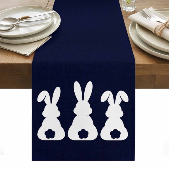 Easter Bunny Table Runner - 108 Inch Long, Kitchen Dining Table Runner Dresser Scarves, Cute Rabbit Family Vintage Navy Blue Abstract Farmhouse Decor for Coffee Tables Wedding Party Banquet