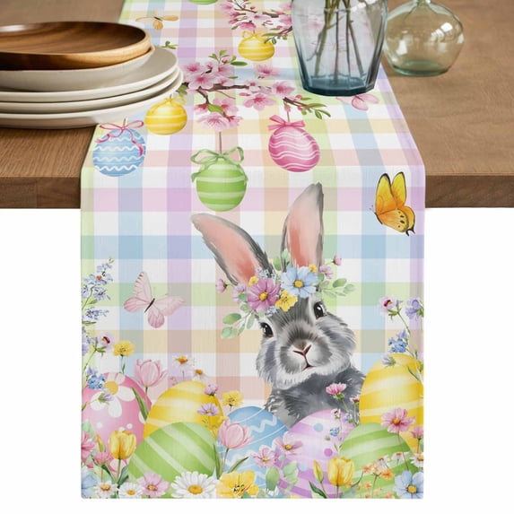 Easter Bunny Table Runner 108 Inches, Spring Colorful Eggs Flower Branch Plaid Bed Runner Dresser Scarves Tabletop for Indoor Outdoor Parties/Ceremony/Banquet, 13"x 108"