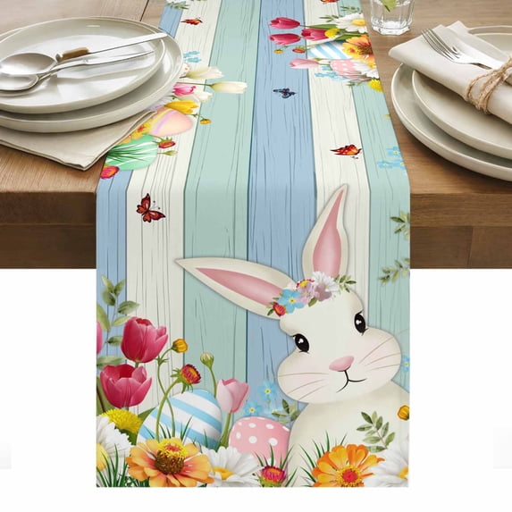 Easter Bunny Table Runner - 120 Inch Long, Kitchen Dining Table Runner Dresser Scarves, Spring Watercolor Eggs Flower Wood Grain Farmhouse Decor for Coffee Tables Wedding Party Banquet