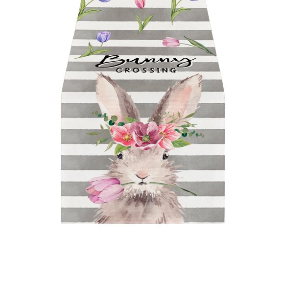 Easter Bunny Table Runner – 12x71 Inch Linen Fabric Spring Table Decor, Colorful Printed Runner for Dining Table, Coffee Bar, Buffet, or Holiday Party Use