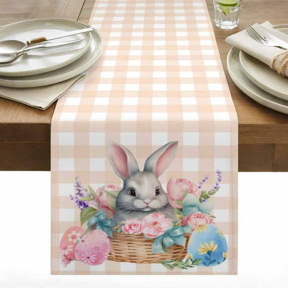 Easter Bunny Table Runner 13x36 inch Rabbits Eggs Pink Flower in Basket Orange Plaid Cotton Linen Dining Table Runner Ideal for Dresser Kitchen Coffee Tables - Machine Washable