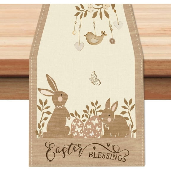 Easter Bunny Table Runner 13x72 Inch Brown Rabbits Eggs Leaves Spring Seasonal Holiday Kitchen Dining Table Decoration for Indoor Outdoor Home Party Decor