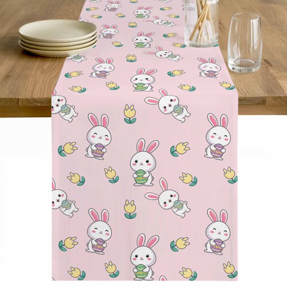 Easter Bunny Table Runner - 36 Inch Long Cute Rabbits Eggs Spring Tulips Country Pink Cotton and Linen Blended Dress Scarves Farmhouse Table Runner for Kitchen Dining, Coffee Table, 13" x 36"
