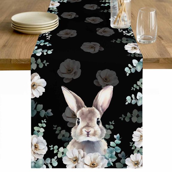Easter Bunny Table Runner - 36 Inch Long Eucalyptus Leaves Rabbit Flowers Black Cotton and Linen Blended Dress Scarves Farmhouse Table Runner for Kitchen Dining, Coffee Table, 13" x 36"