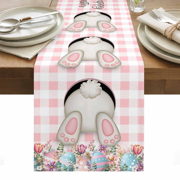 Easter Bunny Table Runner - 36 Inch Long, Kitchen Dining Table Runner Dresser Scarves, Colorful Eggs Cute Rabbit Pink White Plaid Farmhouse Decor for Coffee Tables Wedding Party Banquet