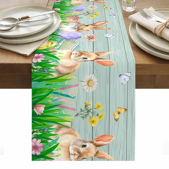 Easter Bunny Table Runner - 36 Inch Long, Kitchen Dining Table Runner Dresser Scarves, Spring Easter Eggs Floral Teal Wood Farmhouse Decor for Coffee Tables Wedding Party Banquet