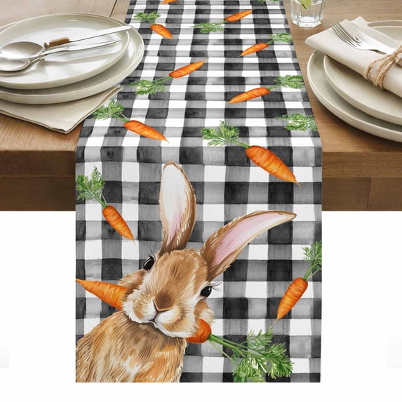Easter Bunny Table Runner - 36 Inch Long, Kitchen Dining Table Runner Dresser Scarves, Spring Rabbits Carrots Black Buffalo Plaid Farmhouse Decor for Coffee Tables Wedding Party Banquet