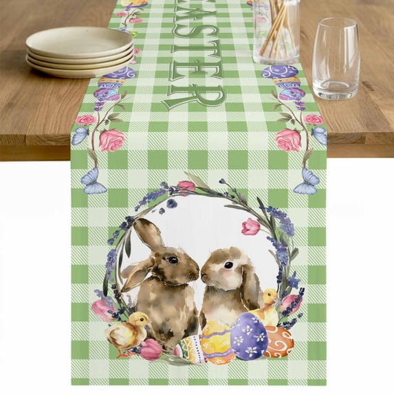 Easter Bunny Table Runner - 36 Inch Long Spring Easter Eggs Chick Floral Sage Green Check Cotton and Linen Blended Dress Scarves Farmhouse Table Runner for Kitchen Dining, Coffee Table, 13" x 36"