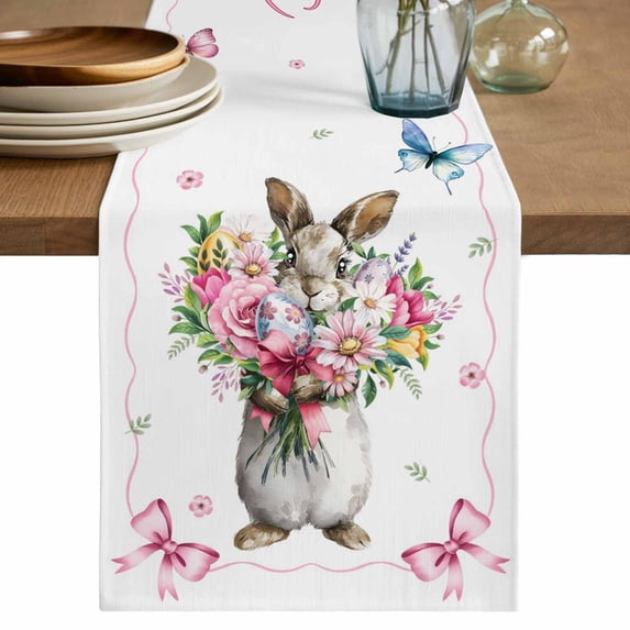 Easter Bunny Table Runner 36 Inches, Cute Rabbits Spring Daisy Flowers Butterfly Bed Runner Dresser Scarves Tabletop for Indoor Outdoor Parties/Ceremony/Banquet, 13"x 36"