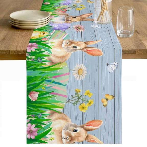 Easter Bunny Table Runner 36 Inches Long Farmhouse Dress Scarves, Spring Easter Eggs Chicken Blue Wood Dining Tablerunner for Coffee Table/Kitchen Island/Party Décor, Small 13" x 36"