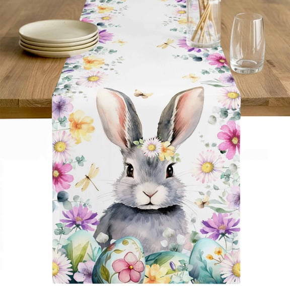 Easter Bunny Table Runner 36 Inches Long Farmhouse Dress Scarves, Spring Watercolor Eggs Country Flower Leaf Dining Tablerunner for Coffee Table/Kitchen Island/Party Décor, Small 13" x 36"