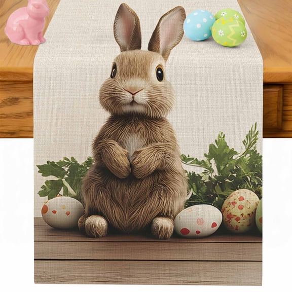 Easter Bunny Table Runner 36 Inches Long for Kitchen Dining, Simple Retro Spring Rabbit Eggs Plants Dresser Scarf Farmhouse, Dining Table Decorations for Wedding/Parties, 13 x 36 In