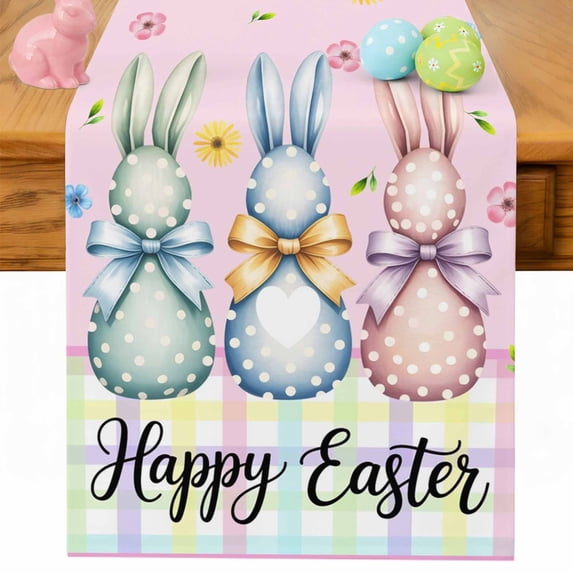 Easter Bunny Table Runner 36 Inches Long for Kitchen Dining, Spring Watercolor Polka Dot Flower Plaid Pink Dresser Scarf Farmhouse, Dining Table Decorations for Wedding/Parties, 13 x 36 In