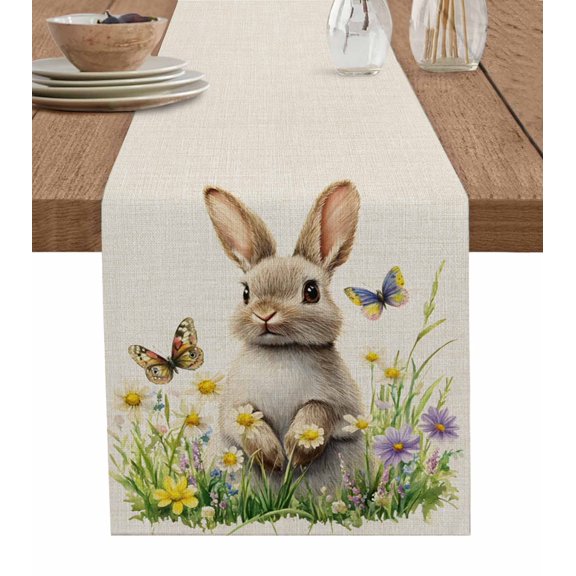 Easter Bunny Table Runner 36 Inches, Pastoral Spring Rabbit Butterfly Floral Herbs Bed Runner Dresser Scarves Tabletop for Indoor Outdoor Parties/Ceremony/Banquet, 13"x 36"
