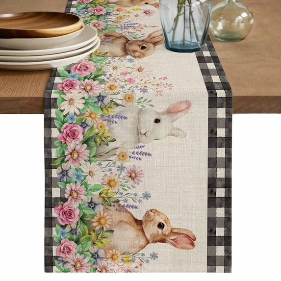 Easter Bunny Table Runner 36 Inches, Spring Flowers Leaves Cute Rabbits Pastoral Plants Bed Runner Dresser Scarves Tabletop for Indoor Outdoor Parties/Ceremony/Banquet, 13"x 36"