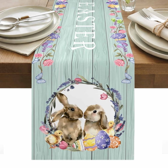 Easter Bunny Table Runner - 48 Inch Long, Kitchen Dining Table Runner Dresser Scarves, Spring Easter Eggs Chick Floral Teal Wood Farmhouse Decor for Coffee Tables Wedding Party Banquet
