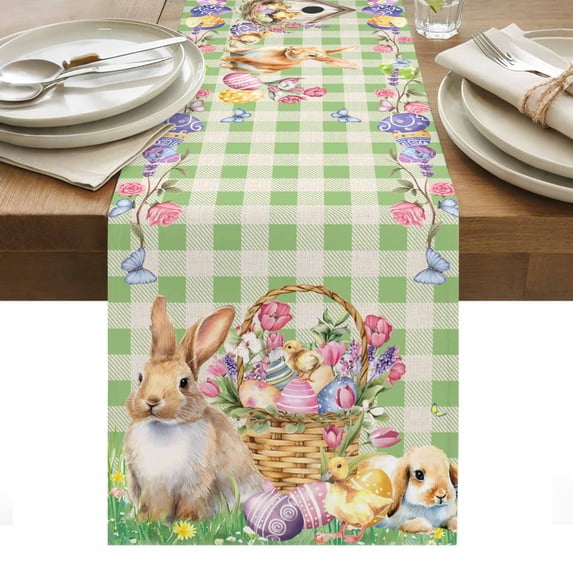Easter Bunny Table Runner - 48 Inch Long, Kitchen Dining Table Runner Dresser Scarves, Spring Easter Eggs Floral Sage Green Check Farmhouse Decor for Coffee Tables Wedding Party Banquet