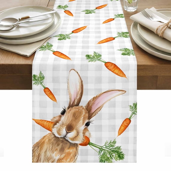 Easter Bunny Table Runner - 48 Inch Long, Kitchen Dining Table Runner Dresser Scarves, Spring Rabbits Carrots Gray Buffalo Plaid Farmhouse Decor for Coffee Tables Wedding Party Banquet