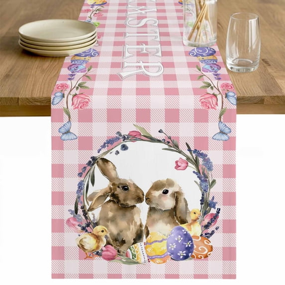 Easter Bunny Table Runner - 48 Inch Long Spring Easter Eggs Chick Floral Pink Check Cotton and Linen Blended Dress Scarves Farmhouse Table Runner for Kitchen Dining, Coffee Table, 13" x 48"
