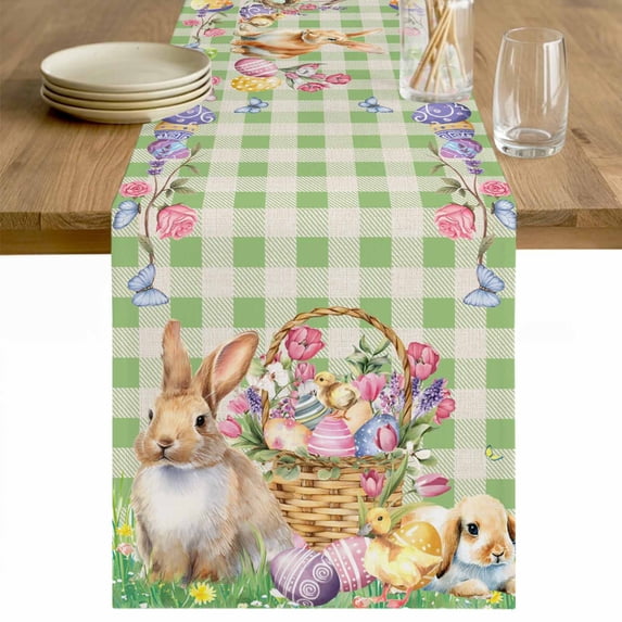 Easter Bunny Table Runner 48 Inches Long Farmhouse Dress Scarves, Spring Easter Eggs Floral Sage Green Check Dining Tablerunner for Coffee Table/Kitchen Island/Party Décor, 13" x 48"