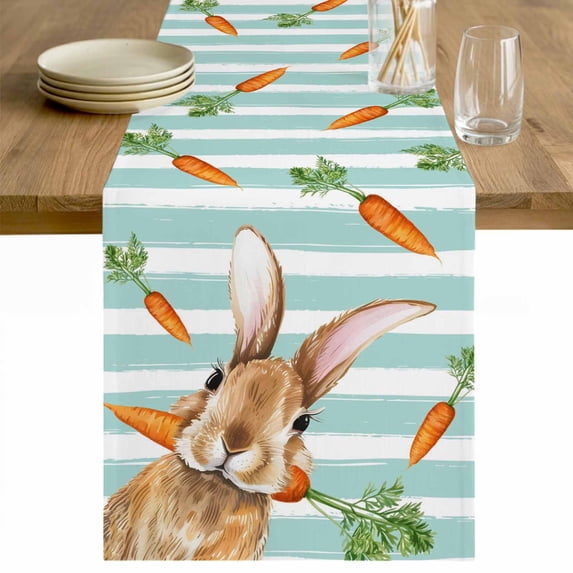 Easter Bunny Table Runner 48 Inches Long Farmhouse Dress Scarves, Spring Rabbits Carrots Turquoise Stripes Dining Tablerunner for Coffee Table/Kitchen Island/Party Décor, 13" x 48"