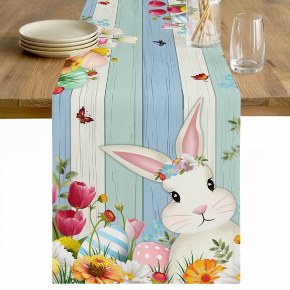 Easter Bunny Table Runner 48 Inches Long Farmhouse Dress Scarves, Spring Watercolor Eggs Flower Wood Grain Dining Tablerunner for Coffee Table/Kitchen Island/Party Décor, 13" x 48"