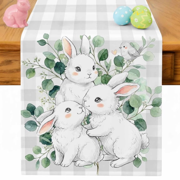 Easter Bunny Table Runner 48 Inches Long for Kitchen Dining, Eucalyptus Leaves Grey Checkered Farmhouse Dresser Scarf Farmhouse, Dining Table Decorations for Wedding/Parties, 13 x 48 In