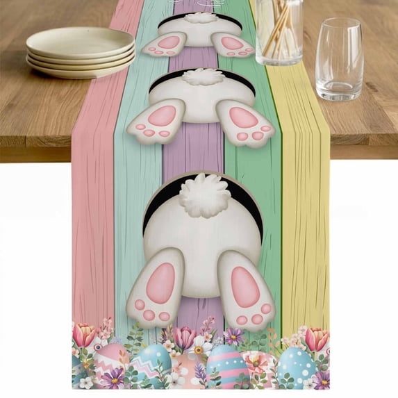 Easter Bunny Table Runner - 60 Inch Long Cute Rabbit Eggs Flowers Colorful Wood Plank Cotton and Linen Blended Dress Scarves Farmhouse Table Runner for Kitchen Dining, Coffee Table, 13" x 60"