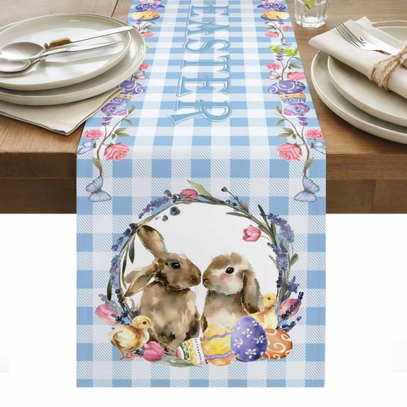 Easter Bunny Table Runner - 60 Inch Long, Kitchen Dining Table Runner Dresser Scarves, Spring Easter Eggs Chick Floral Blue Check Farmhouse Decor for Coffee Tables Wedding Party Banquet