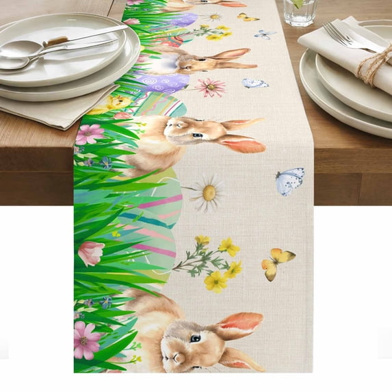 Easter Bunny Table Runner - 60 Inch Long, Kitchen Dining Table Runner Dresser Scarves, Spring Easter Eggs Floral Rustic Burlap Farmhouse Decor for Coffee Tables Wedding Party Banquet