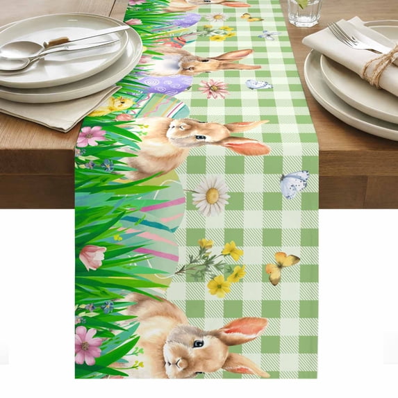 Easter Bunny Table Runner - 70 Inch Long, Kitchen Dining Table Runner Dresser Scarves, Spring Easter Eggs Chicken Sage Green Plaid Farmhouse Decor for Coffee Tables Wedding Party Banquet