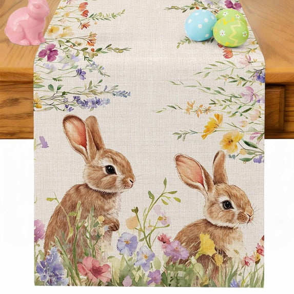 Easter Bunny Table Runner 72 Inches Long for Kitchen Dining, Rustic Retro Spring Rabbit Flowers Plants Dresser Scarf Farmhouse, Dining Table Decorations for Wedding/Parties, 14 x 72 In