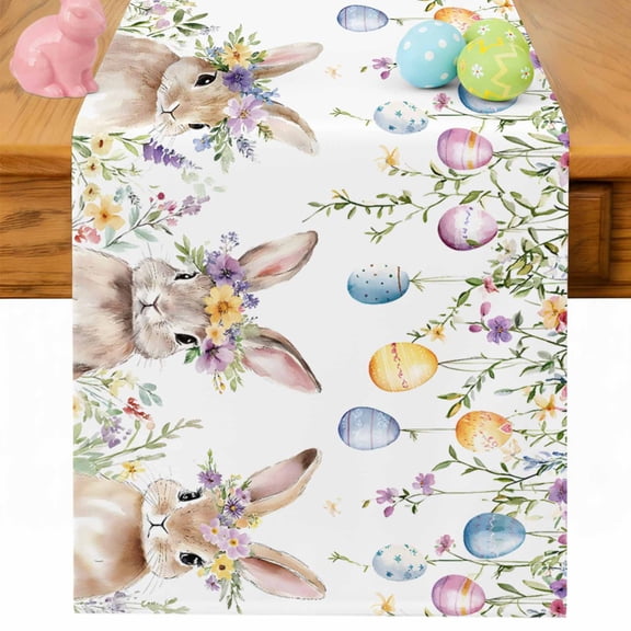 Easter Bunny Table Runner 72 Inches Long for Kitchen Dining, Watercolor Spring Rabbit Floral Herbs Dresser Scarf Farmhouse, Dining Table Decorations for Wedding/Parties, 13 x 72 In