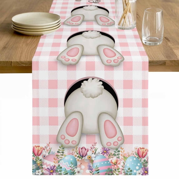 Easter Bunny Table Runner - 90 Inch Long Colorful Eggs Cute Rabbit Pink White Plaid Cotton and Linen Blended Dress Scarves Farmhouse Table Runner for Kitchen Dining, Coffee Table, 13" x 90"