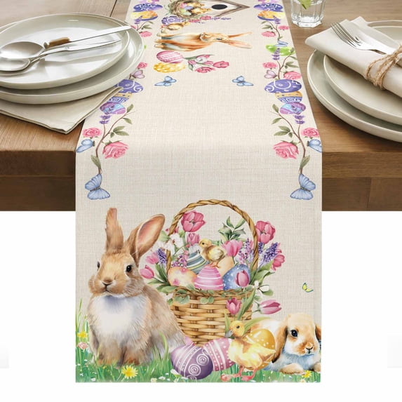 Easter Bunny Table Runner - 90 Inch Long, Kitchen Dining Table Runner Dresser Scarves, Spring Easter Eggs Floral Burlap Rustic Farmhouse Decor for Coffee Tables Wedding Party Banquet