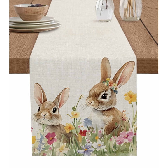 Easter Bunny Table Runner 90 Inches, Farmhouse Cute Rabbit Flowers Leaves Bed Runner Dresser Scarves Tabletop for Indoor Outdoor Parties/Ceremony/Banquet, 13" x 90"