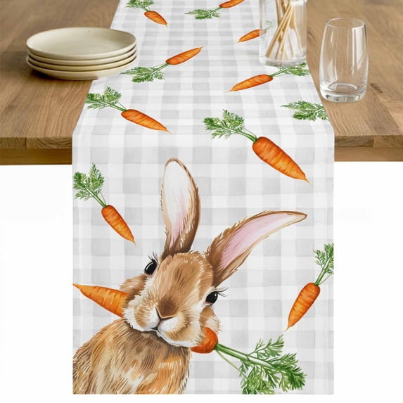 Easter Bunny Table Runner 90 Inches Long Farmhouse Dress Scarves, Spring Rabbits Carrots Gray Buffalo Plaid Dining Tablerunner for Coffee Table/Kitchen Island/Party Décor, 13" x 90"