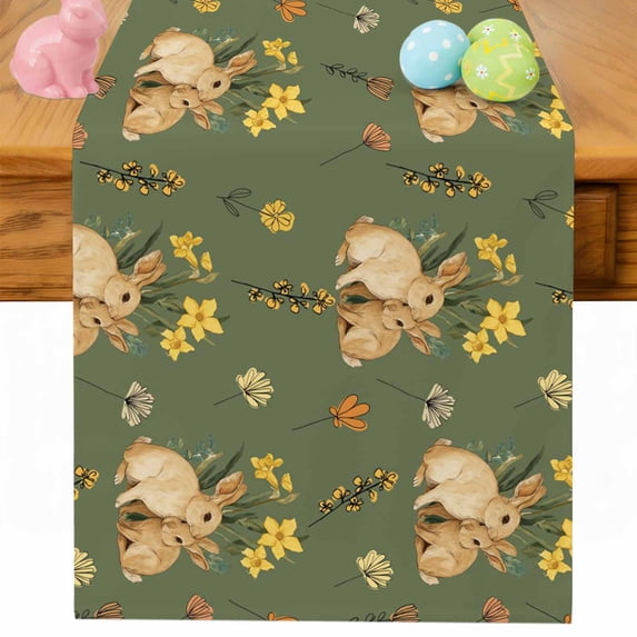 Easter Bunny Table Runner 90 Inches Long for Kitchen Dining, Spring Yellow Flowers Country Plants Green Dresser Scarf Farmhouse, Dining Table Decorations for Wedding/Parties, 13 x 90 In