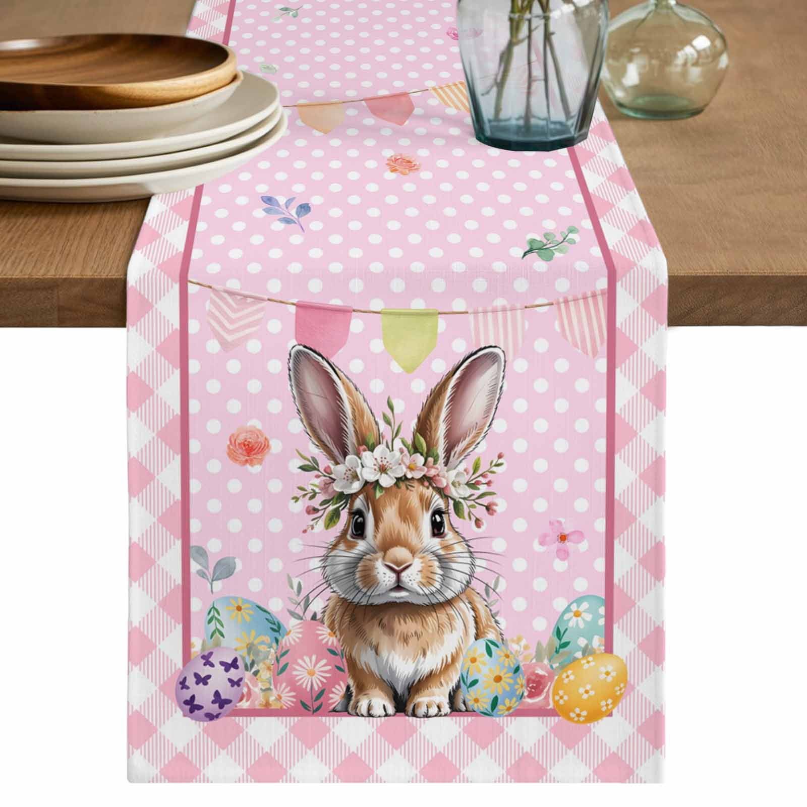 Easter Bunny Table Runner 90 Inches, Pink Polka Dot Colorful Eggs ...