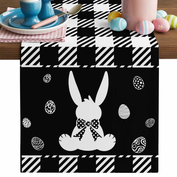 Easter Bunny Table Runner, Black White Eggs Rabbit Wearing A Plaid Bowknot Black Plaid Cotton Linen Kitchen Table Decoration Washable Dining Tabletop Runners for Home Party Decor 13x36 Inches