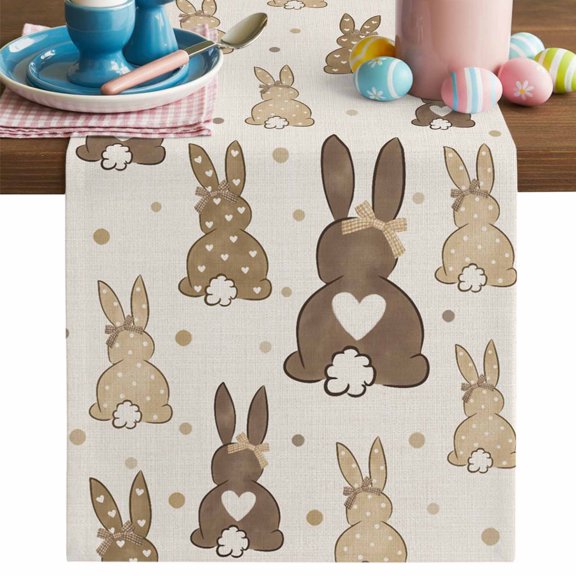 Easter Bunny Table Runner, Brown Rabbits Cotton Linen Kitchen Table Decoration Washable Dining Tabletop Runners for Home Party Decor 13x36 Inches