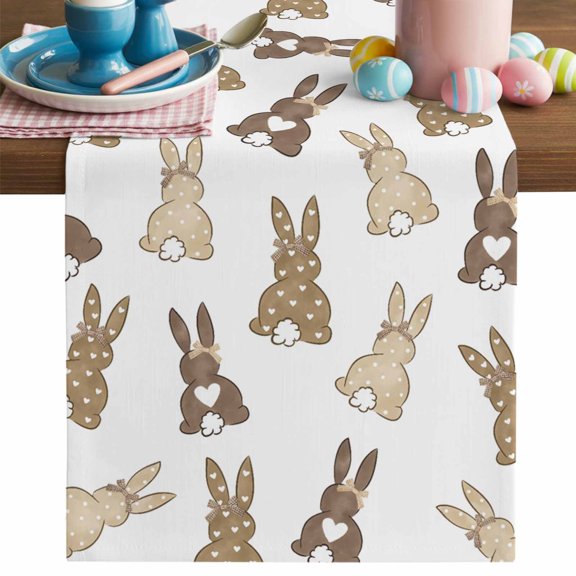 Easter Bunny Table Runner, Brown Rabbits Cotton Linen Kitchen Table Decoration Washable Dining Tabletop Runners for Home Party Decor 13x60 Inches