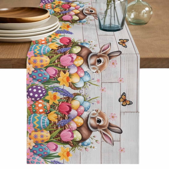 Easter Bunny Table Runner, Colorful Eggs Spring Tulips Flower Grey Wooden Washable Cotton Linen Table Runners 60 Inches Long, Dresser Scarf Runner for Coffee/TV Stands/Kitchen/Cabinets 13''x60''