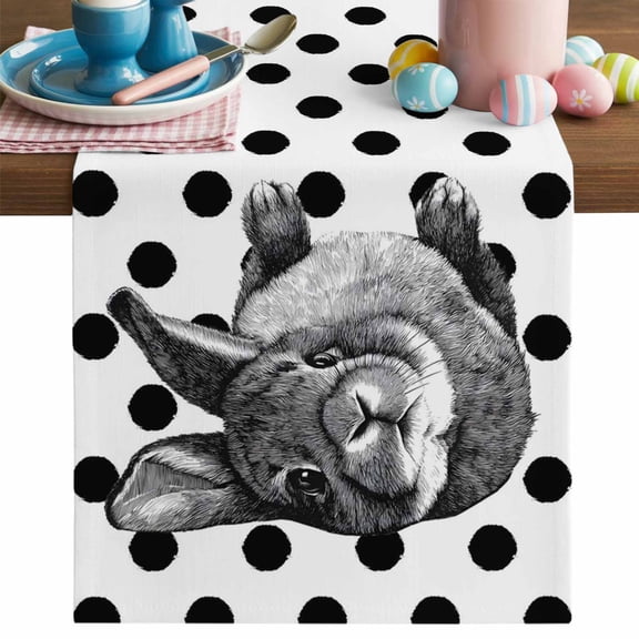Easter Bunny Table Runner, Cute Gray Rabbit Farm Country Black Polka Dots Cotton Linen Kitchen Table Decoration Washable Dining Tabletop Runners for Home Party Decor 13x36 Inches