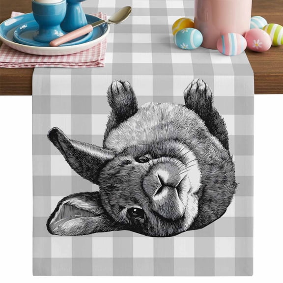 Easter Bunny Table Runner, Cute Gray Rabbit Farm Country Gray White Plaid Cotton Linen Kitchen Table Decoration Washable Dining Tabletop Runners for Home Party Decor 13x48 Inches