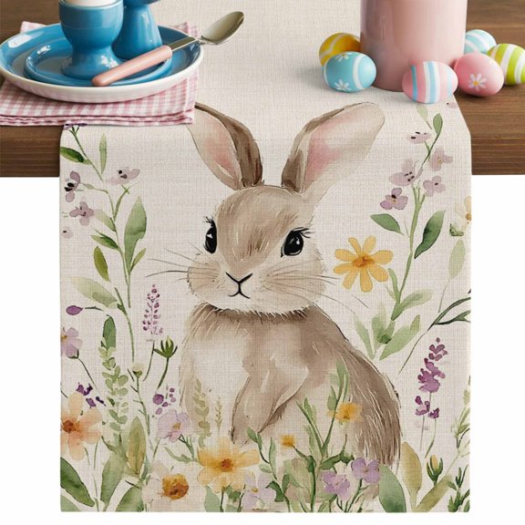 Easter Bunny Table Runner, Cute Rabbits Floral Plants Retro Cotton Linen Kitchen Table Decoration Washable Dining Tabletop Runners for Home Party Decor 13x36 Inches