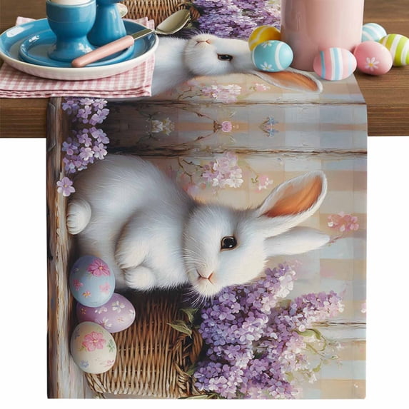 Easter Bunny Table Runner, Eggs Cute Rabbit Cotton Linen Kitchen Table ...