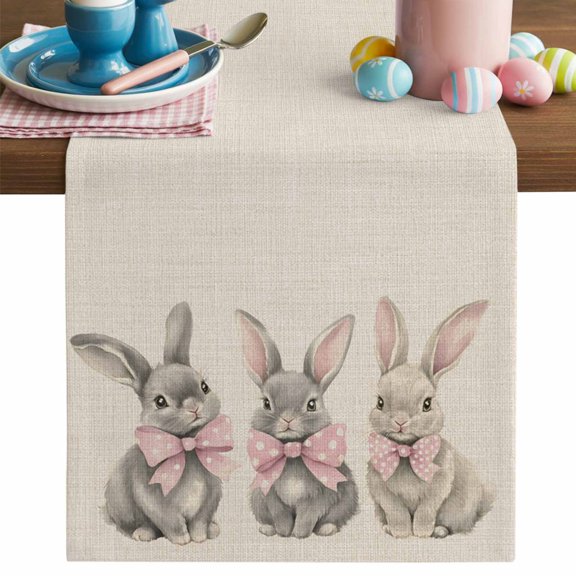 Easter Bunny Table Runner, Gray Rabbit Cotton Linen Kitchen Table Decoration Washable Dining Tabletop Runners for Home Party Decor 13x36 Inches