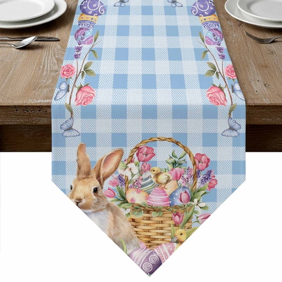 Easter Bunny Table Runner Linen Burlap Table Runner 70 Inches Long Spring Easter Eggs Floral Blue Check Dresser Scarves for Kitchen Island Coffee Dining Party Wedding Banquet Holiday Decor 13"x70"