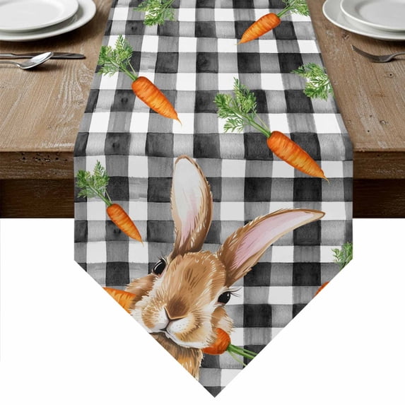 Easter Bunny Table Runner Linen Burlap Table Runner 70 Inches Long Spring Rabbits Carrots Black Buffalo Plaid Dresser Scarves for Kitchen Island Coffee Dining Party Wedding Holiday Decor 13"x70"